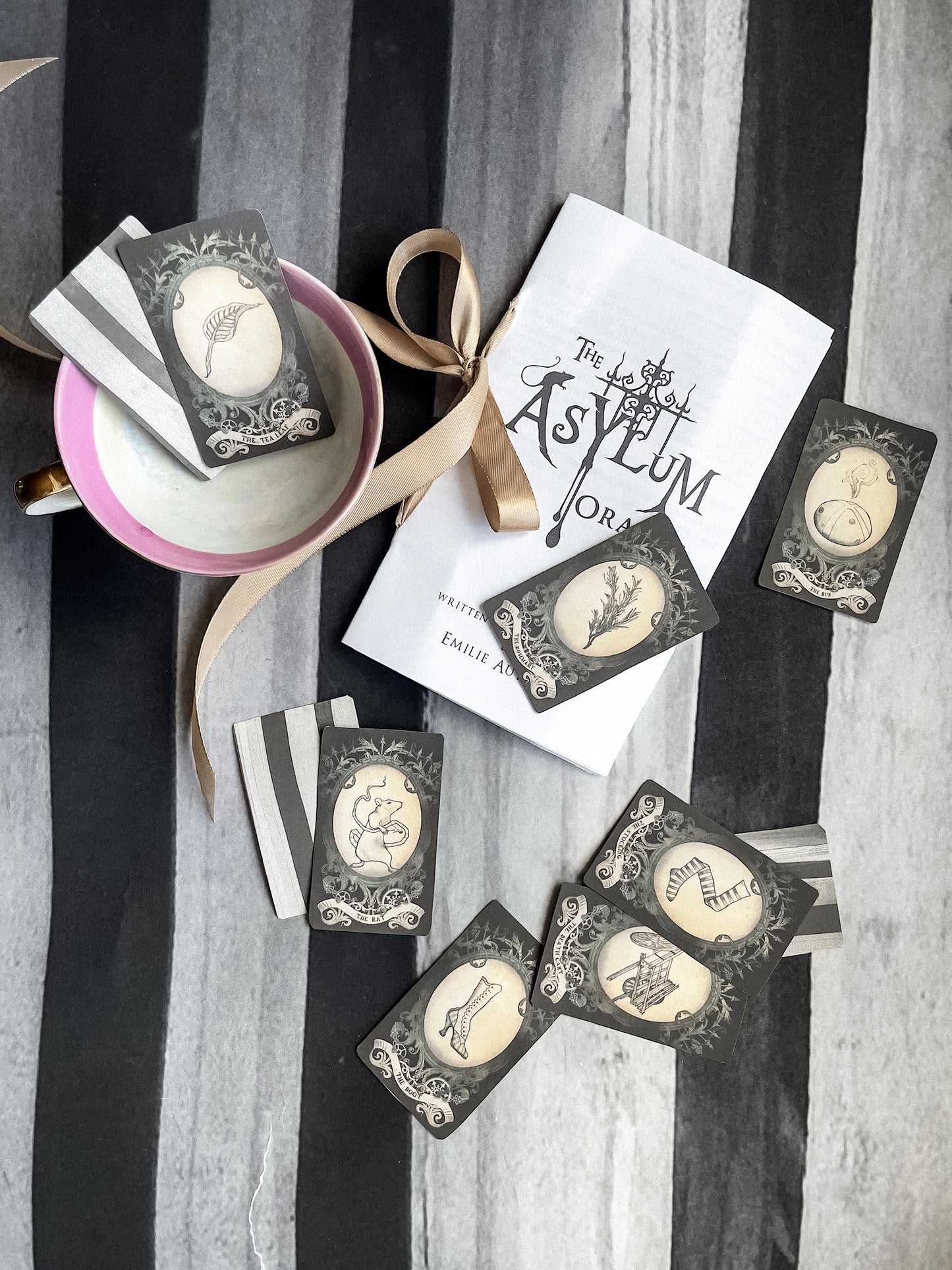 Vintage-style cards with illustrations and text on a striped background