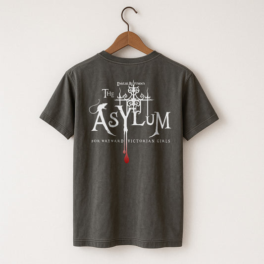 Pepper Comfort Colors  t-shirt with 'The Asylum' design on a hanger against a white background