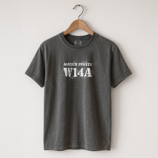 Pepper Comfort Colors  t-shirt with 'ASYLUM INMATE W14A' text on a hanger against a white background