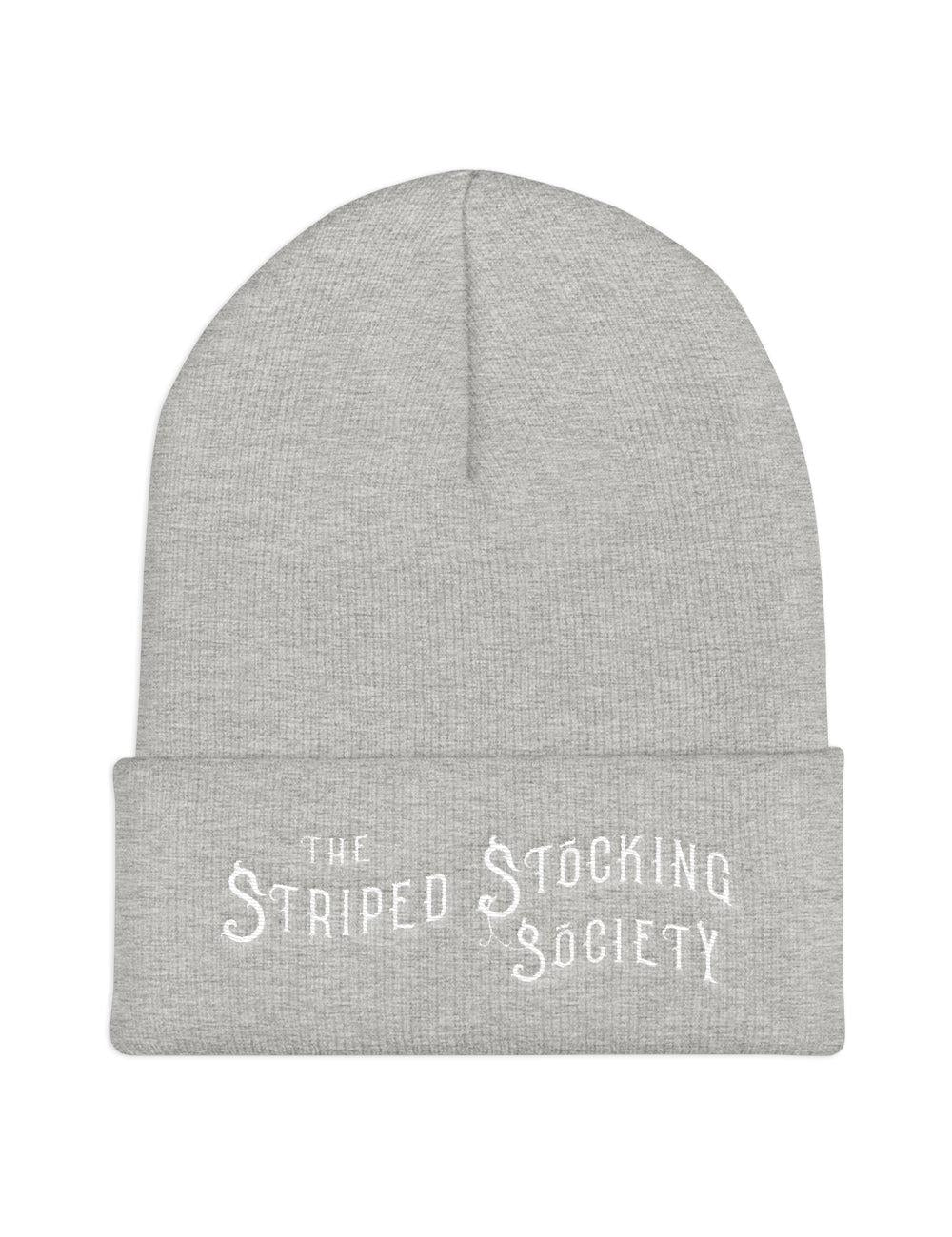 "Striped Stocking Society" Cuffed Embroidered Knit Beanie