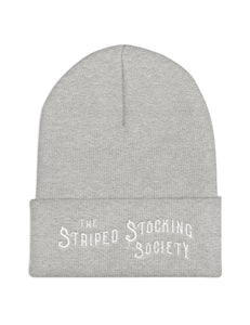 "Striped Stocking Society" Cuffed Embroidered Knit Beanie