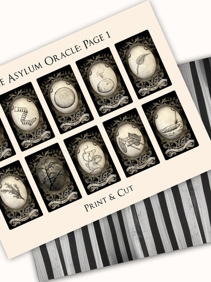 Sheet of black and white oracle cards with decorative frames on a striped background.
