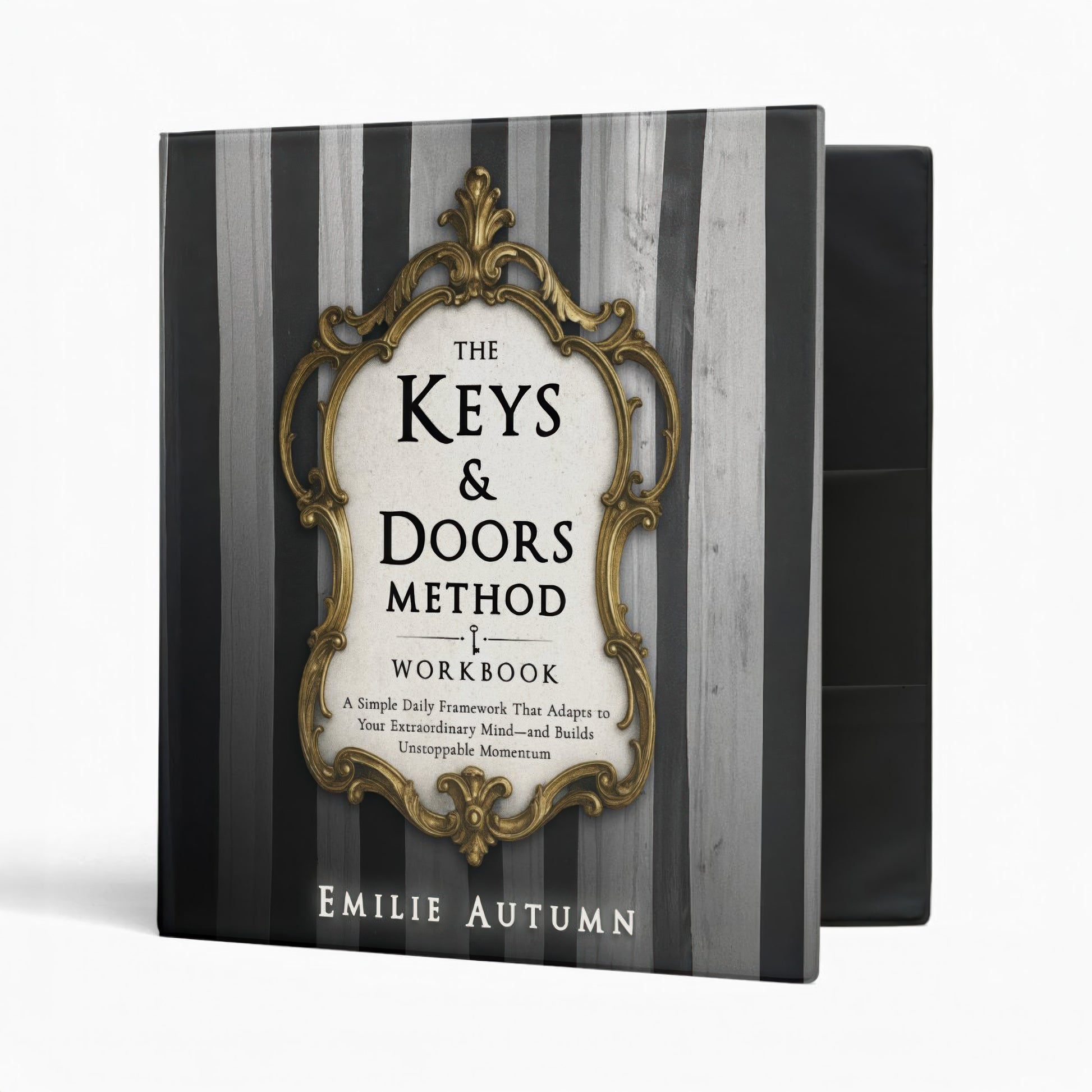 Workbook titled 'The Keys & Doors Method' by Emilie Autumn on a black and gray striped background