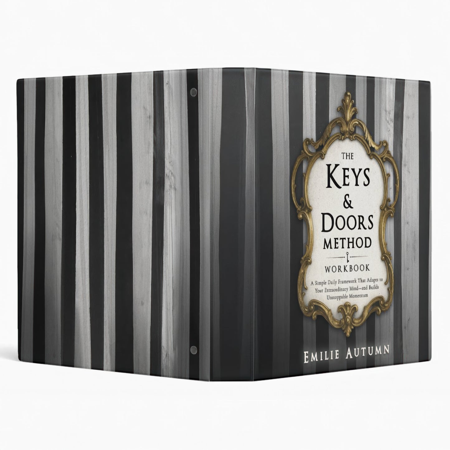 Workbook titled 'The Keys & Doors Method Workbook' by Emilie Autumn with striped design