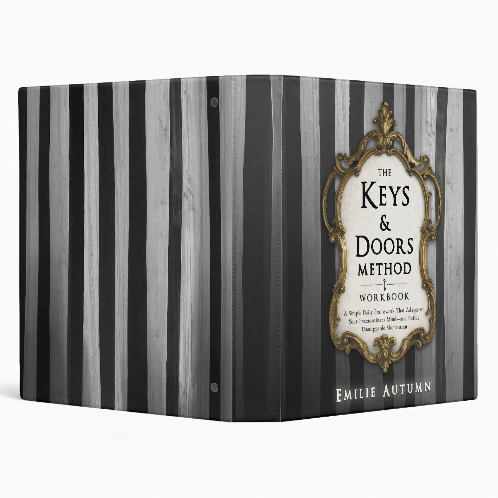 Workbook titled 'The Keys & Doors Method Workbook' by Emilie Autumn with striped design