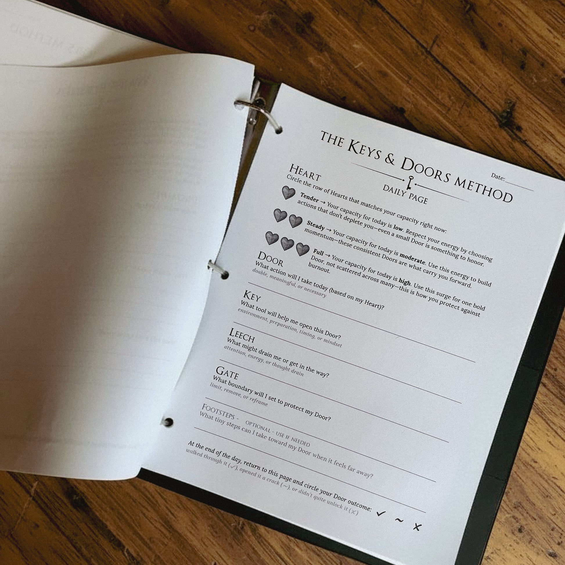 Open notebook with a page titled 'The Keys & Doors Method' on a wooden surface