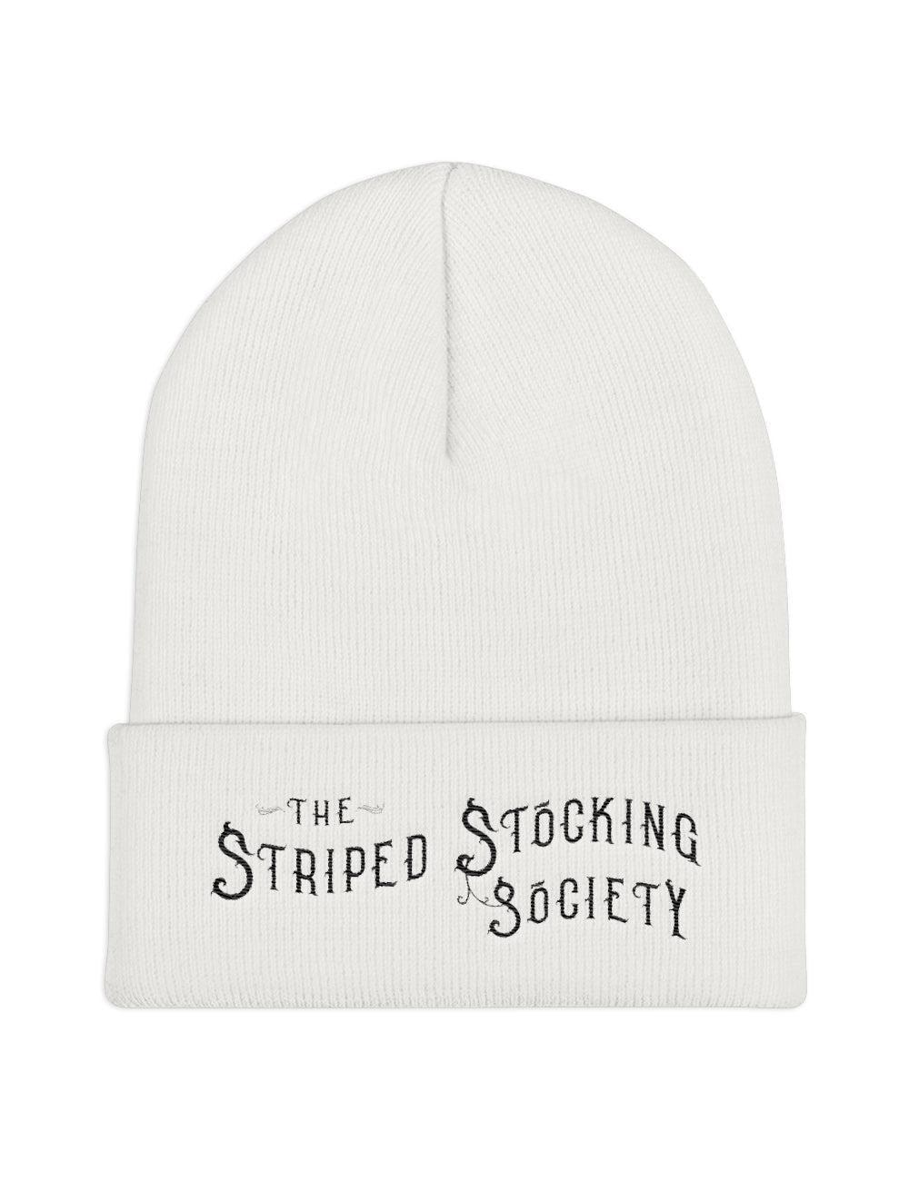 "Striped Stocking Society" Cuffed Embroidered Knit Beanie